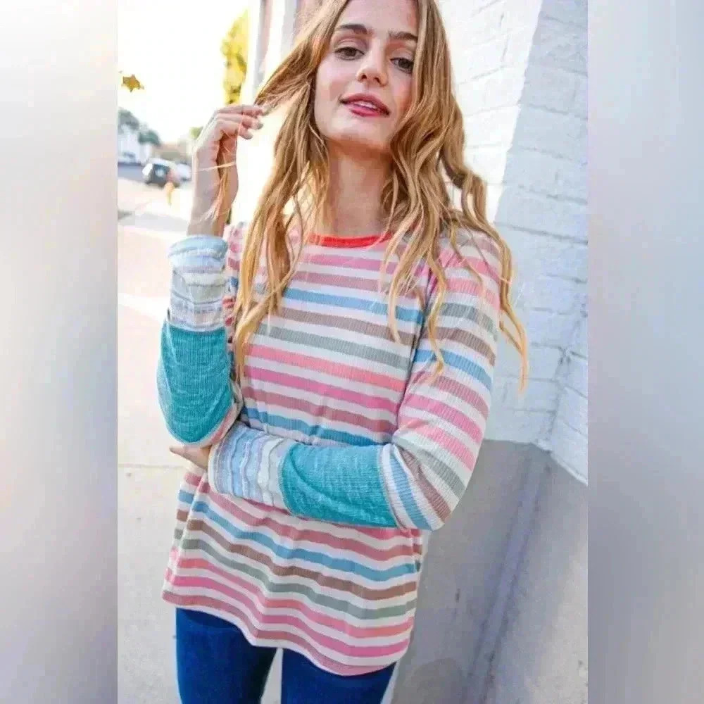 Coral Taupe Multistrip Rib Out Seam Detail Top